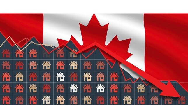Canada housing market crash, real estate downturn, mortgage crisis concept with falling chart and flag.