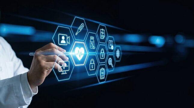 Healthcare technology, digital health, medical data concept with doctor touching virtual hospital icons.