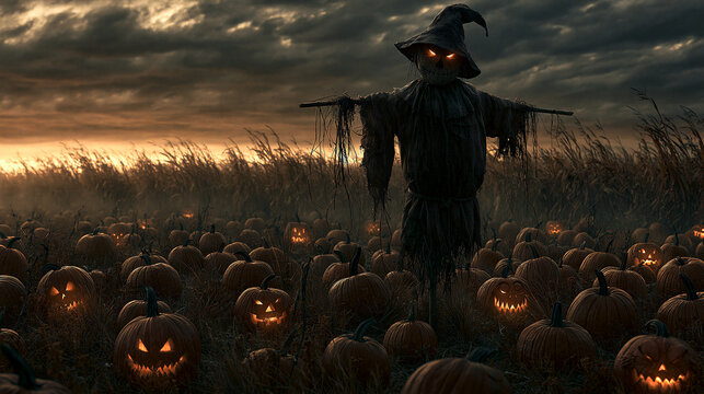 Sinister scarecrow standing in a dark spooky pumpkin field during a gloomy autumn evening on white background