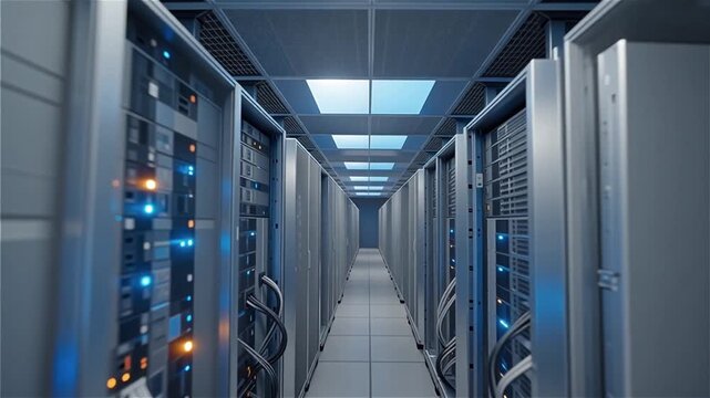 A long aisle in a data center with rows of server racks and blue lighting.