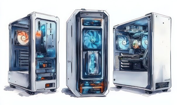 Three sleek modern desktop computer towers with exposed internal components, illuminated cooling fans and radiators conveying high-performance precision