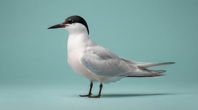 Elegant arctic tern with black cap and white plumage stands against solid teal background for wildlife photography studies or educational marine bird illustrations and coastal nature graphic design.