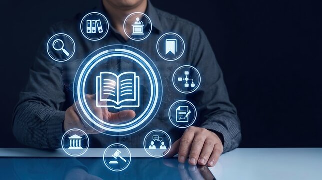 Online education, e learning, digital learning concept with student using virtual knowledge interface.