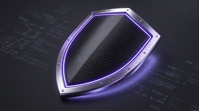 Futuristic carbon fiber shield featuring metallic edges and vibrant purple neon glow lights creates a powerful symbol of digital security