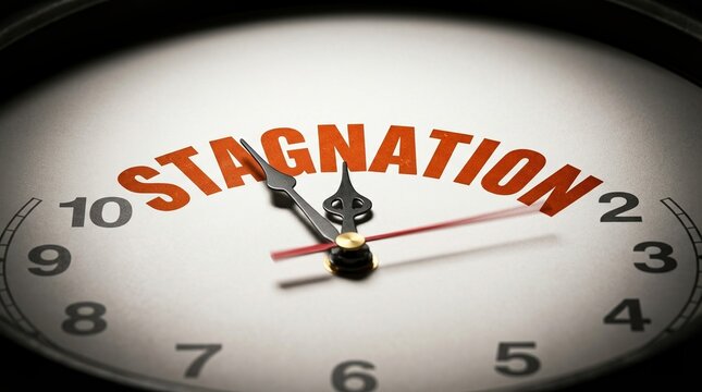 Economic stagnation, recession risk, business slowdown concept with clock showing stagnation warning.