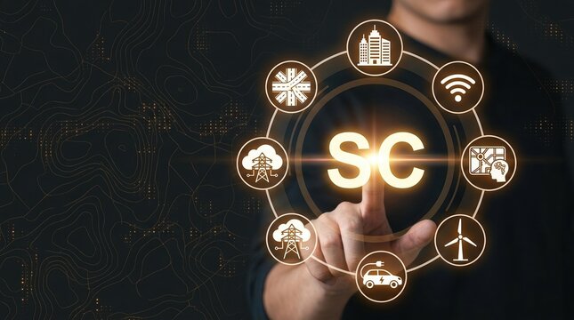 Smart city, connected infrastructure, sustainable urban technology concept with SC network interface.