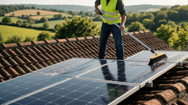 Man washes solar panels on tiled roof. Worker uses brush and water for panel upkeep. Green hills and trees surround residential building with energy system.