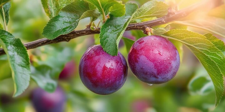 Two ripe purple plums hanging on a leafy branch with water droplets and warm morning sunlight, fresh and inviting