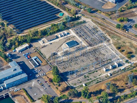 Aerial view of the electrical substation in Hombourg, Grand Est, France.