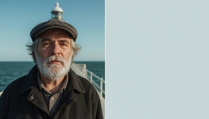 Fototapeta premium Older lighthouse keeper with gray beard and wool cap stands on lamp room walkway overlooking the ocean, lighthouse structure visible in the background