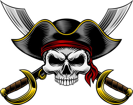 Pirate skull crossbones wearing a tricorn captain hat crossing sabers or scimitar cutlass pirate swords. In a vintage retro woodcut style.