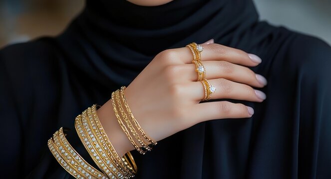 elegant close-up of woman's hand draped in black fabric wearing gold diamond rings and multiple gold bangles conveying luxury and grace