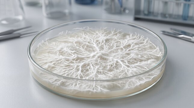 White fungal mycelium growing in petri dish for biotechnology research and sustainable biomaterial development in clean scientific laboratory background