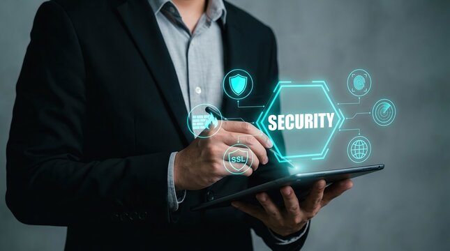 Cybersecurity, cloud security, enterprise data protection concept with businessman using secure digital interface.
