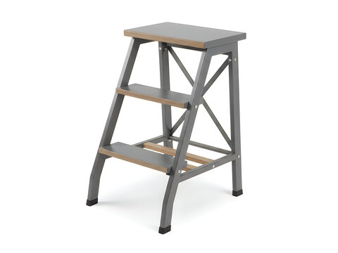 Gray folding step stool with two shelves on white background