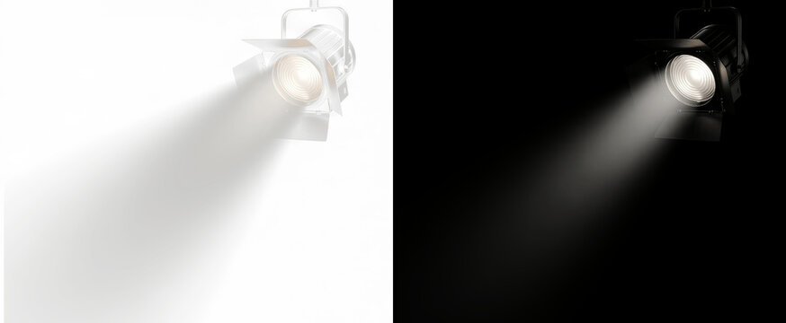 Stage spotlight beam with lens flare on black background, professional theatrical lighting effect for cinema, studio production, product showcase, digital photography overlay and creative design
