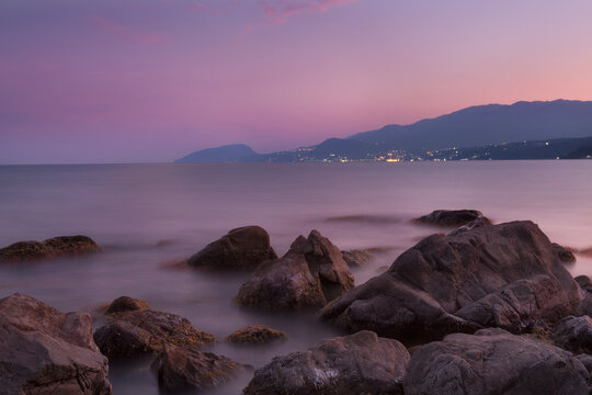 An afterglow landscape of the Southern Coast of Crimea with a view at mount Ayu-dag
