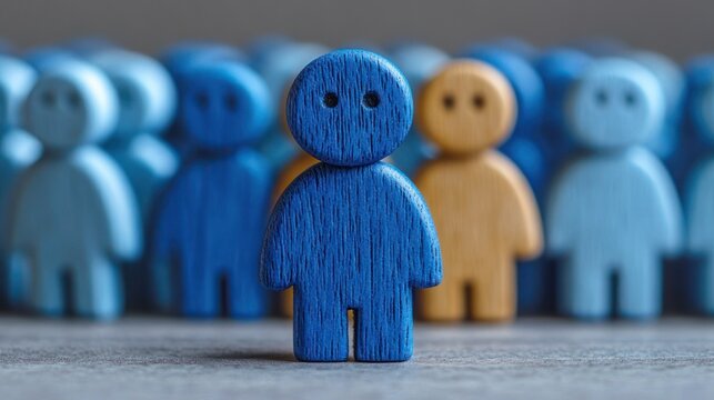 blue wooden figure standing in front of a blurred group of blue and one natural wood figurines, textured wooden tokens conveying isolation and individuality