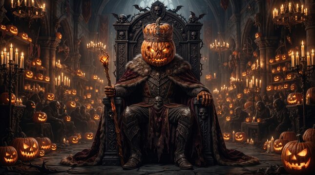 Pumpkin King Seated on Throne in Candlelit Gothic Castle Hall