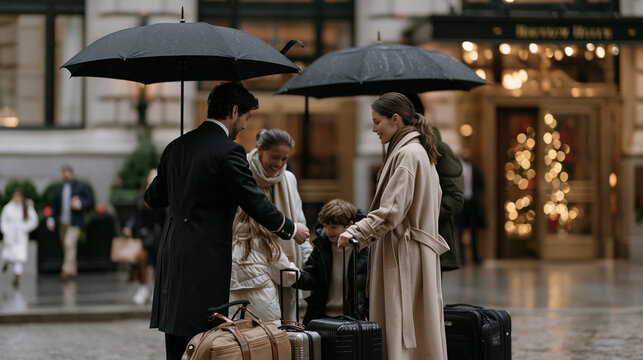 Luxury hotel concierge assists a multigenerational family with holiday luggage in rain drenched cobblestone courtyard, bellhop umbrellas open, gilded lobby doors reflecting warm