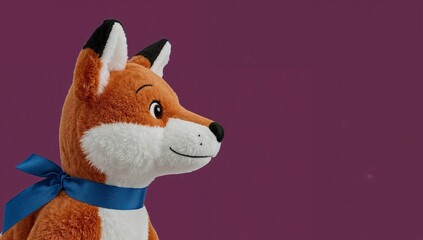 Naklejka premium Plush fox character with a blue collar and ribbon, close-up view against a solid plum background, showcasing detailed fur texture and facial features