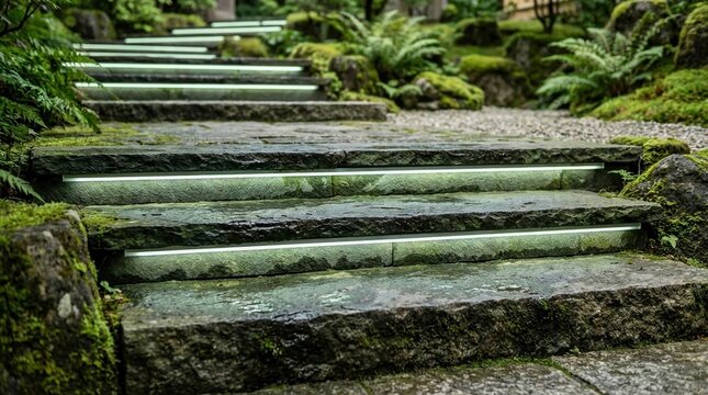 Stone steps, natural pathway, garden landscape concept with mossy stairs in peaceful forest.