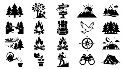 Fototapeta premium Collection of black silhouette icons showing outdoor and camping activities: trees, hiking, fishing, campfire, tent, backpack, sunrise mountains, trail, forest, and nature exploration.