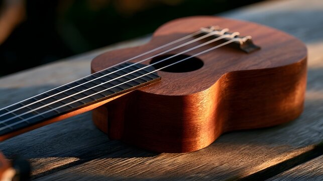A wooden ukulele rests on a weathered wooden surface bathed in warm golden light during late afternoon