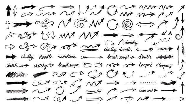 A Collection of Hand-Drawn Arrow Icons: A diverse set of hand-drawn arrow graphics, showcasing various styles from bold strokes to delicate lines.