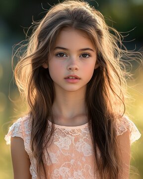 young girl with face obscured by blur, long wavy brown hair backlit by golden hour sunlight, wearing a lace cap-sleeve top, wind-tousled strands and a calm, serene mood