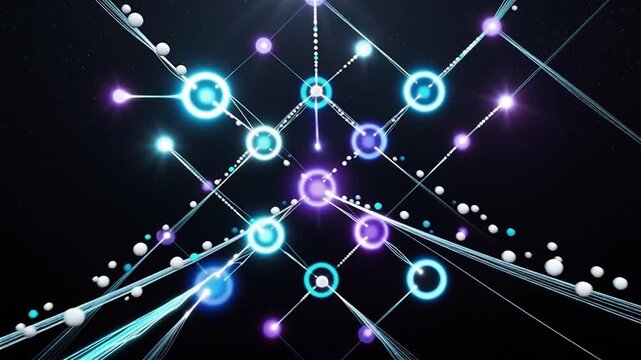 A complex network of glowing blue nodes and lines connecting them.