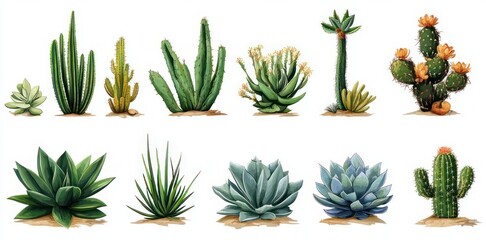 Fototapeta premium calm cheerful assortment of green succulents and flowering cacti in varied shapes with sandy bases on white background