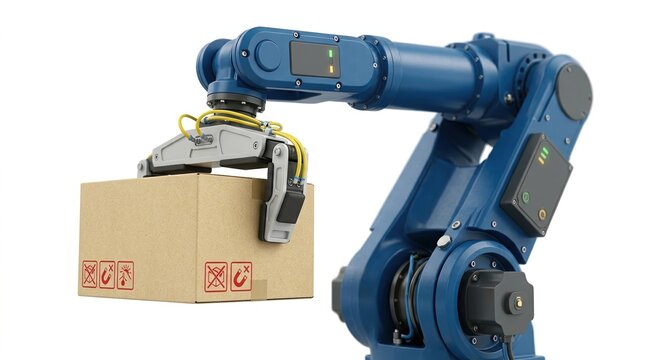 Robotic packaging, warehouse automation, industrial logistics concept with robot arm lifting cardboard box.