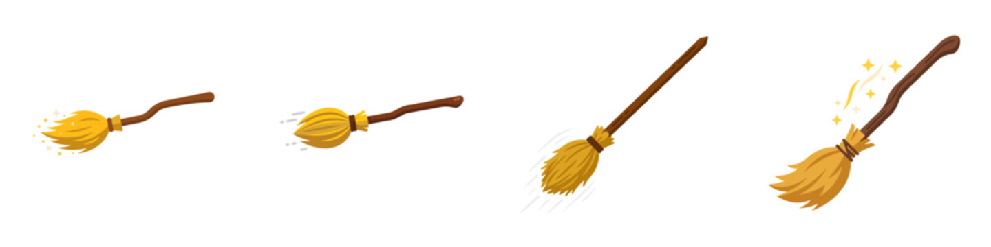 Set of four cartoon magic broomsticks flying isolated on white