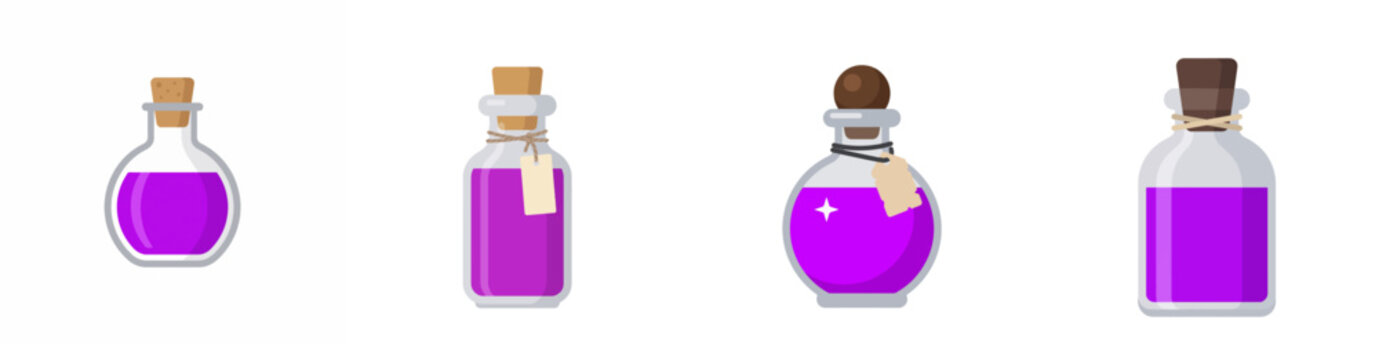 Set of purple magic potion bottles and glass flasks isolated on white