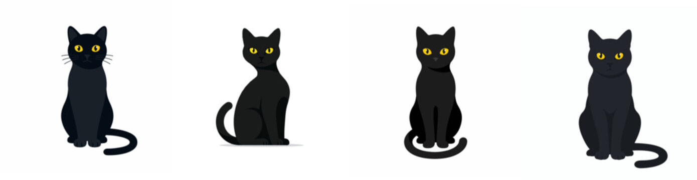 Set of four black sitting cats with yellow eyes isolated