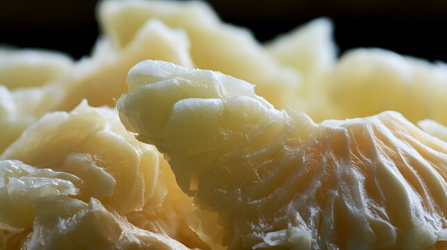 Close up of peeled pomelo segments showing textured flesh under warm lighting for food presentation and culinary use