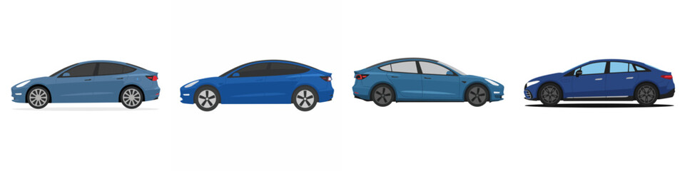Fototapeta premium Set of blue modern electric sedan cars isolated on white