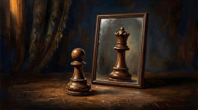 Pawn Chess Piece Reflected as a Queen Symbolizing Self Belief