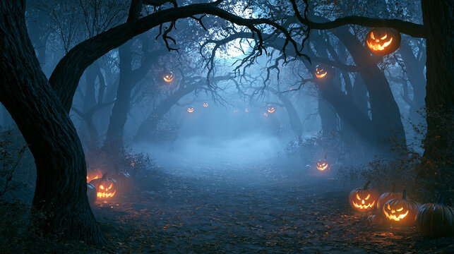 Scary carved jack o lantern pumpkins glowing within a mystical dark haunted forest on white background