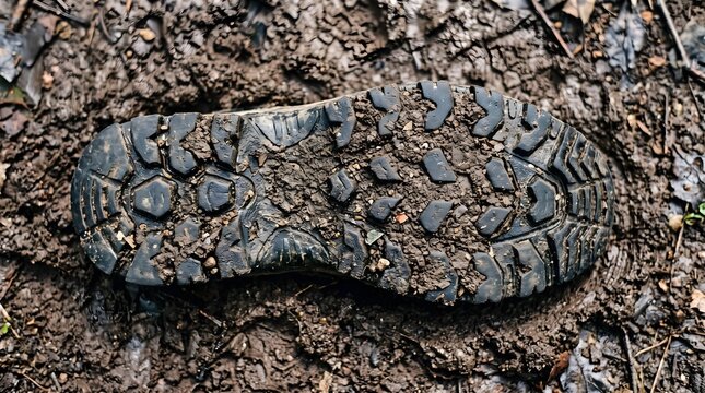 Muddy boot footprint in wet soil, textured shoe print on forest ground, dirty hiking trail track for outdoor adventure concepts