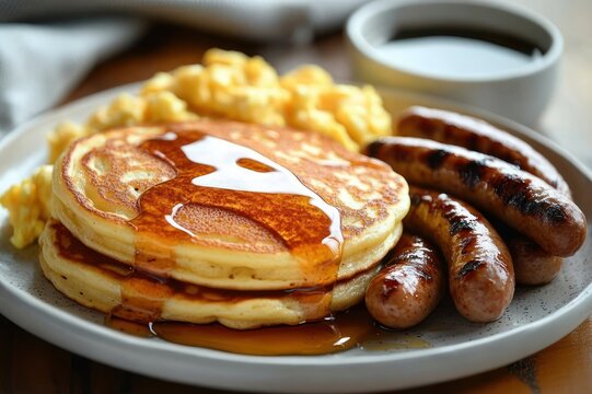 stack of golden pancakes with butter and maple syrup, grilled sausages, fluffy scrambled eggs and a cup of coffee on a plate conveying a warm comforting breakfast