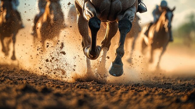 low-angle close-up of racing horse hooves kicking up dirt with blurred jockeys in the background conveying speed and adrenaline
