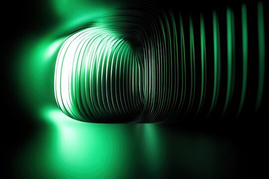 glowing green ribbed tunnel with reflective floor, a mysterious futuristic and hypnotic passage