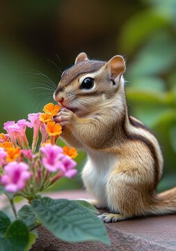small striped chipmunk delicately nibbling pink and orange blossoms on a stone ledge with a curious gentle expression and soft green bokeh background