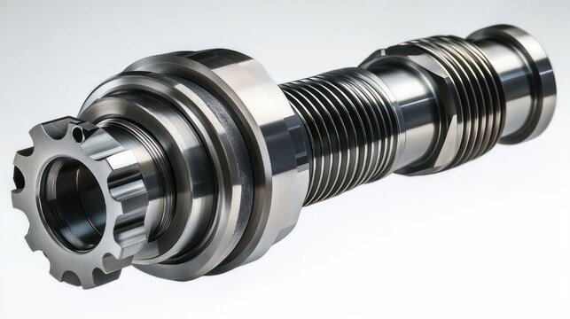 polished machined steel shaft with splined gear end, multiple threaded sections and spiral grooves on reflective surface conveying precise industrial strength