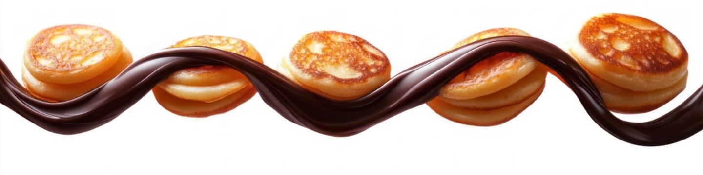 row of golden mini pancakes with glossy chocolate ribbon draped across, indulgent and playful breakfast dessert on white background