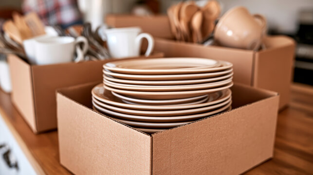 Cardboard boxes packed with ceramic dishes and kitchenware for home moving process