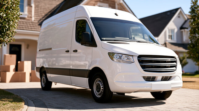 Professional moving company van parked outside suburban home with packed boxes ready