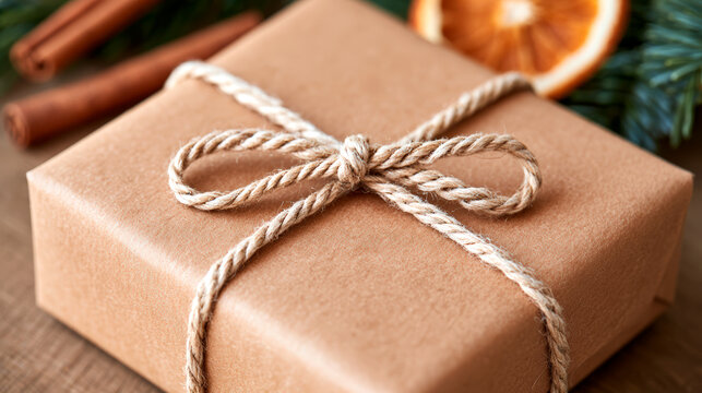 Rustic Christmas gift wrapped in kraft paper with twine and seasonal spices